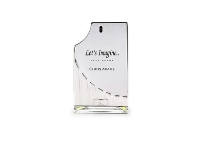 Perfume bottle labeled 'Let's Imagine... Chris Adams' on a white background