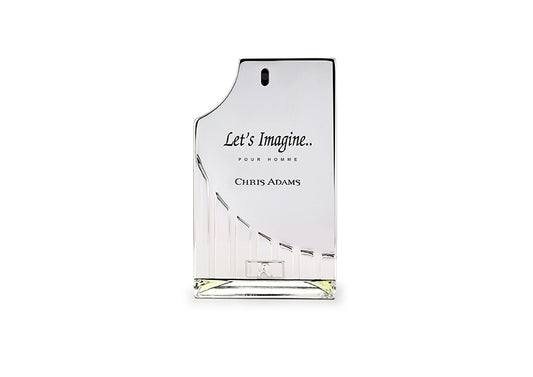 Perfume bottle labeled 'Let's Imagine... Chris Adams' on a white background