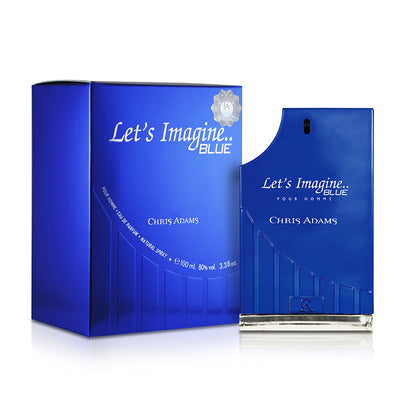 Blue perfume bottle and packaging labeled 'Let's Imagine Blue' by Chris Adams on a white background
