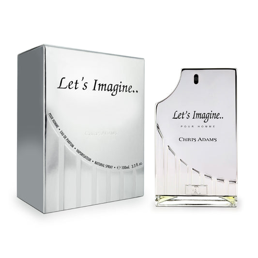 Perfume bottle and packaging of 'Let's Imagine' by Chris Adams on a white background