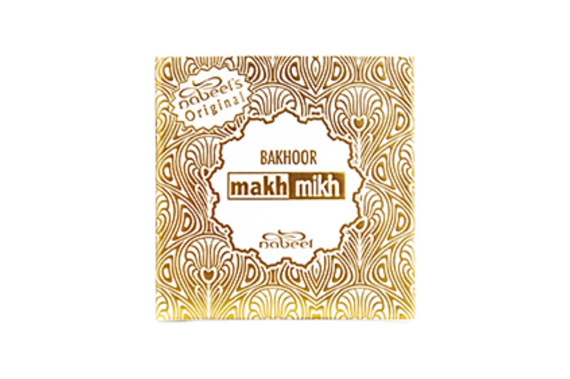 Bakhoor Makhmikh packaging with decorative gold design on a white background