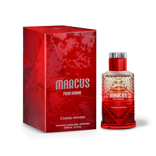 Red 'Marcus' perfume bottle and packaging on a white background