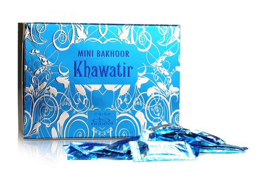 Blue packaging of Mini Bakhoor Khawatir with intricate designs on a white background