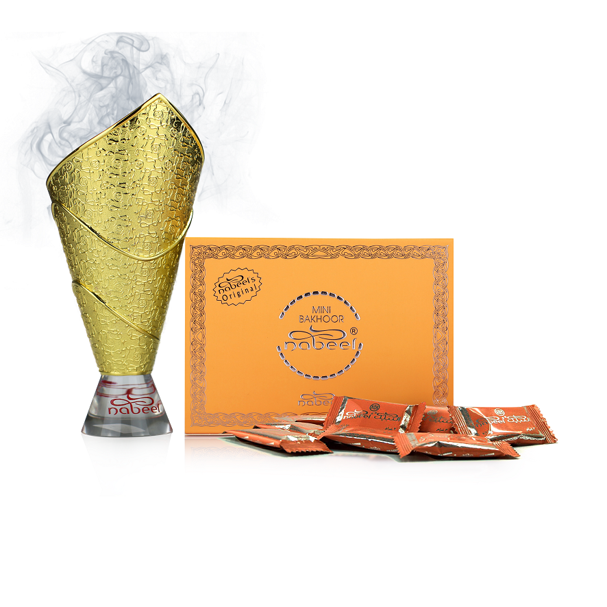 Gold cone-shaped bakhoor burner with Nabeel bakhoor packaging on a white background