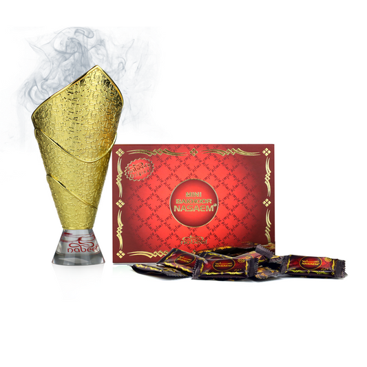 Gold cone, red box, and black strip with brand logo on a white background