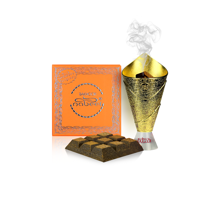 Nabeel bakhoor with 9 tablets pressed and infused together with gold bakhoor burner on the right and an orange box on the left on a white background
