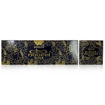 Two black boxes with gold patterns and 'Nabeel' branding on a white background. One is full log other is individual packaging