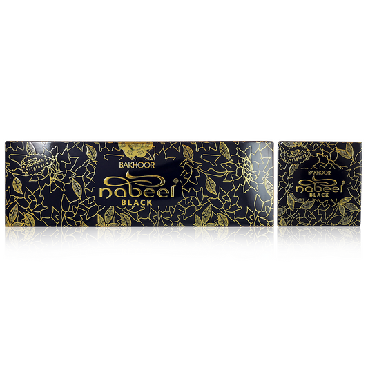Two black boxes with gold patterns and 'Nabeel' branding on a white background. One is full log other is individual packaging