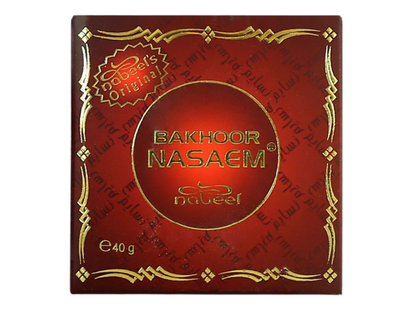Bakhoor Nasaem packaging with gold text and decorative elements on a red background