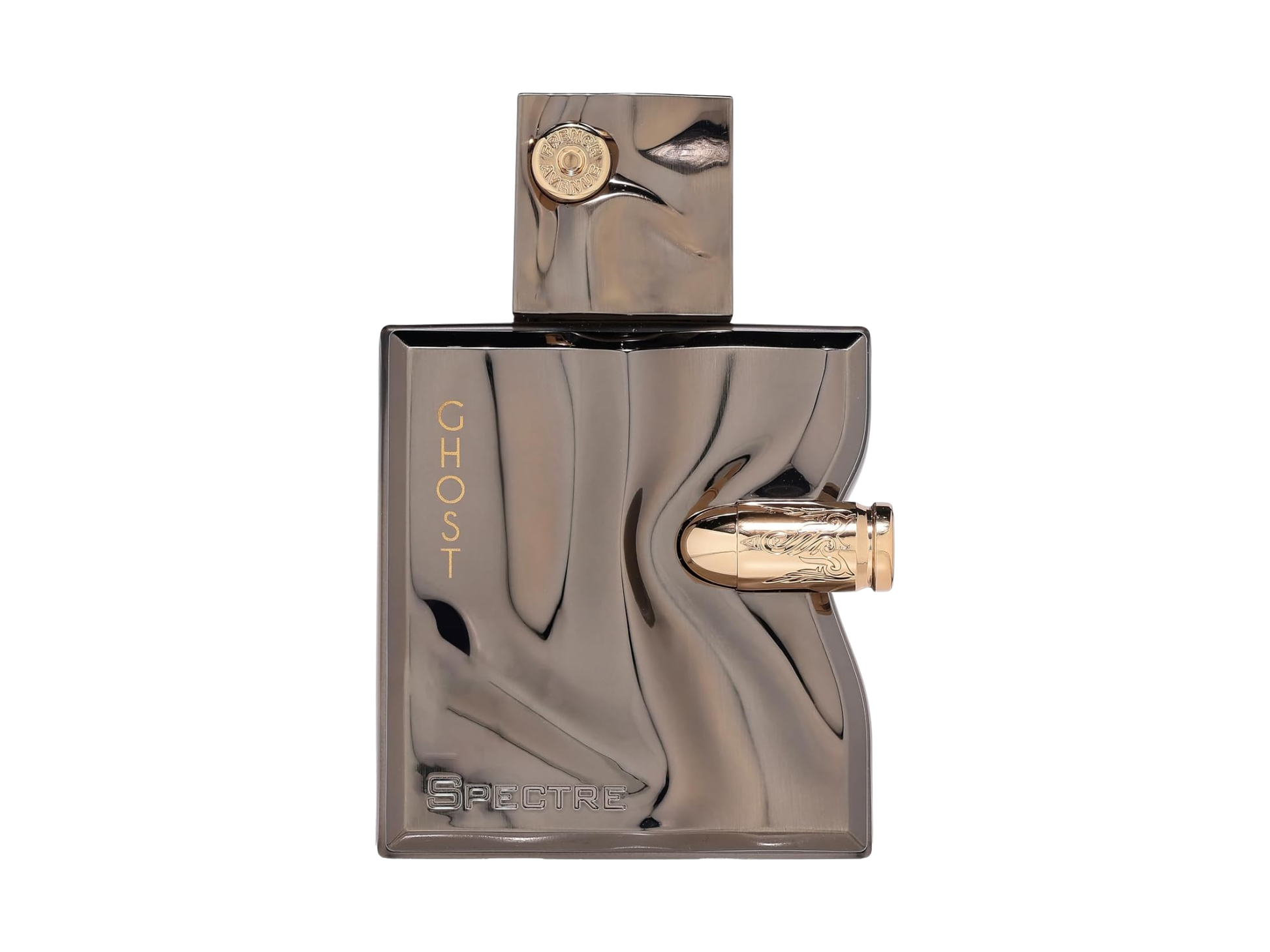 Spectre Ghost Perfume by French Avenue – metallic black and gold men’s Eau de Parfum bottle from Amani Manor