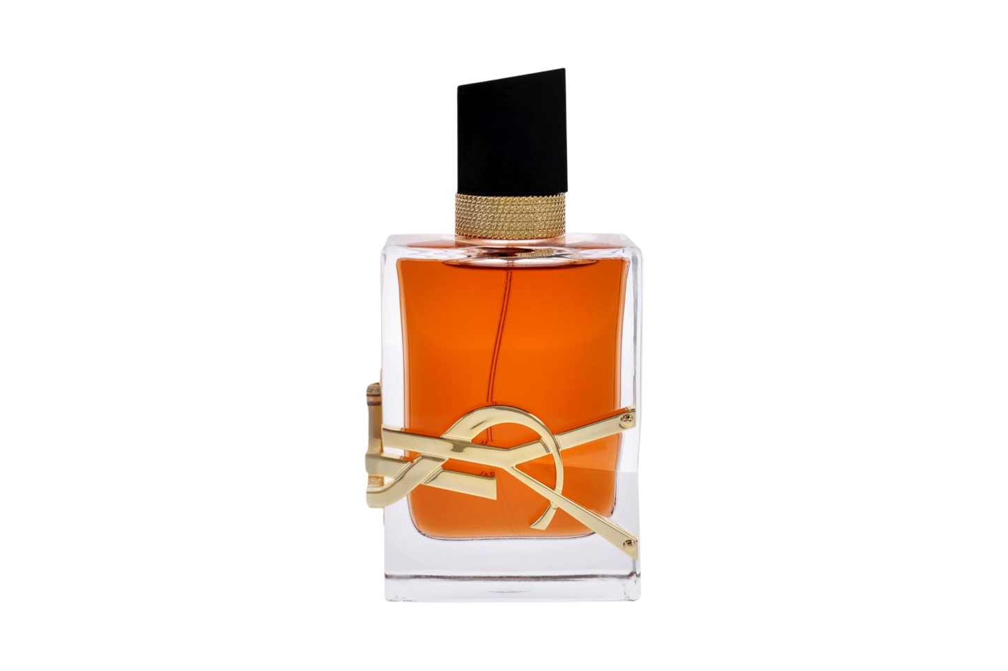 Perfume bottle with orange liquid and gold accents on a white background