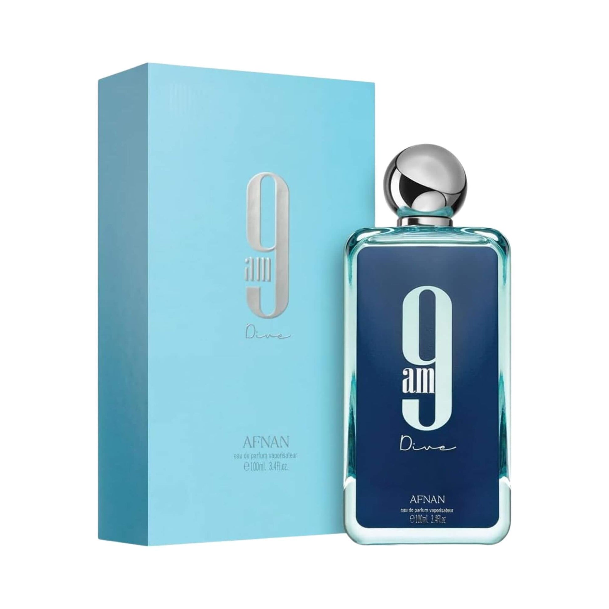 A bottle of Afnan 9 am Dive eau de parfum next to its light blue packaging box, featuring a dark blue label with a large white '9am' and a silver cap.