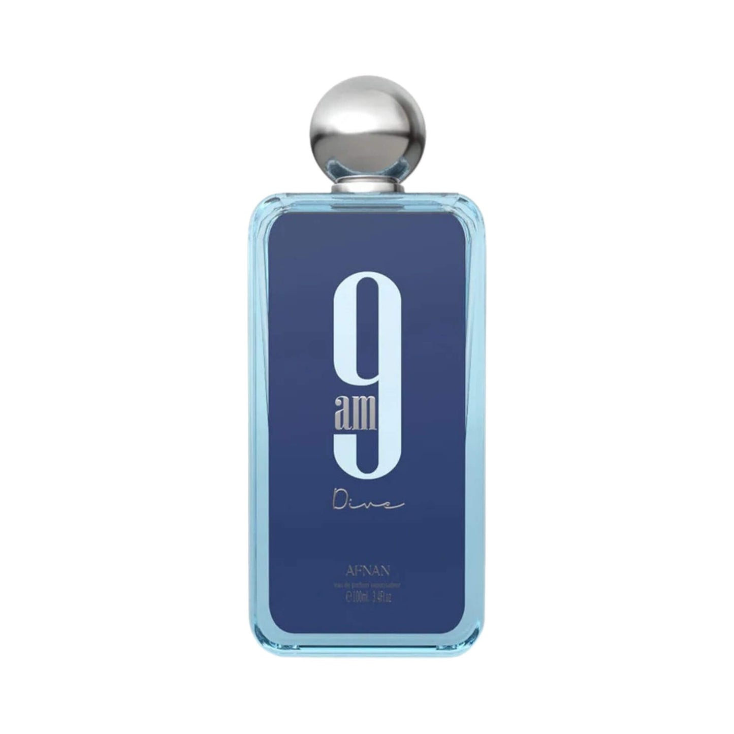 A rectangular glass perfume bottle with a metallic silver spherical cap, featuring a dark blue front label with the text '9 am am Dive' and 'AFNAN' at the bottom, set against a plain white background.
