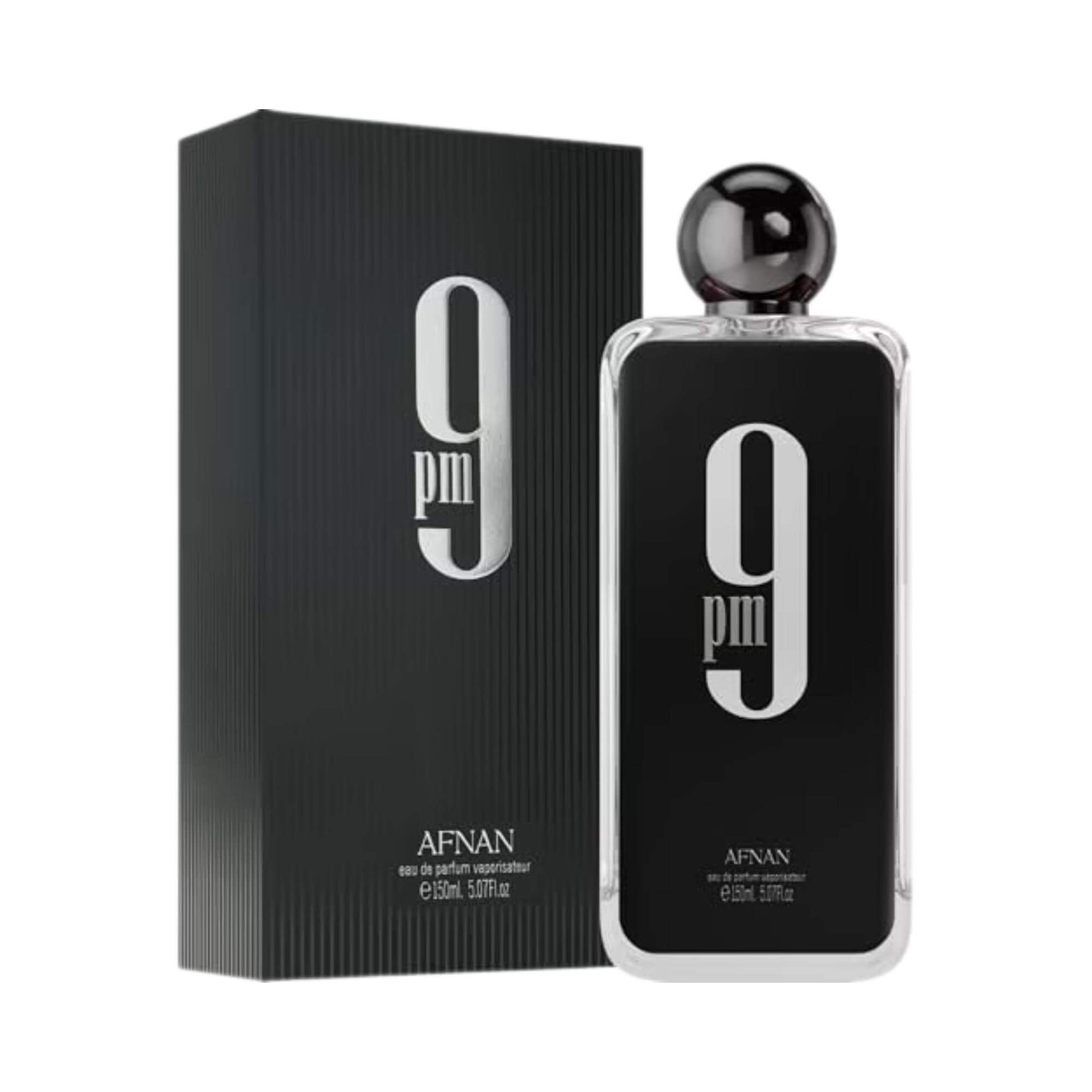 Afnan 9pm Eau de Parfum bottle and its black textured packaging box, featuring a prominent silver '9PM' logo on a white background.