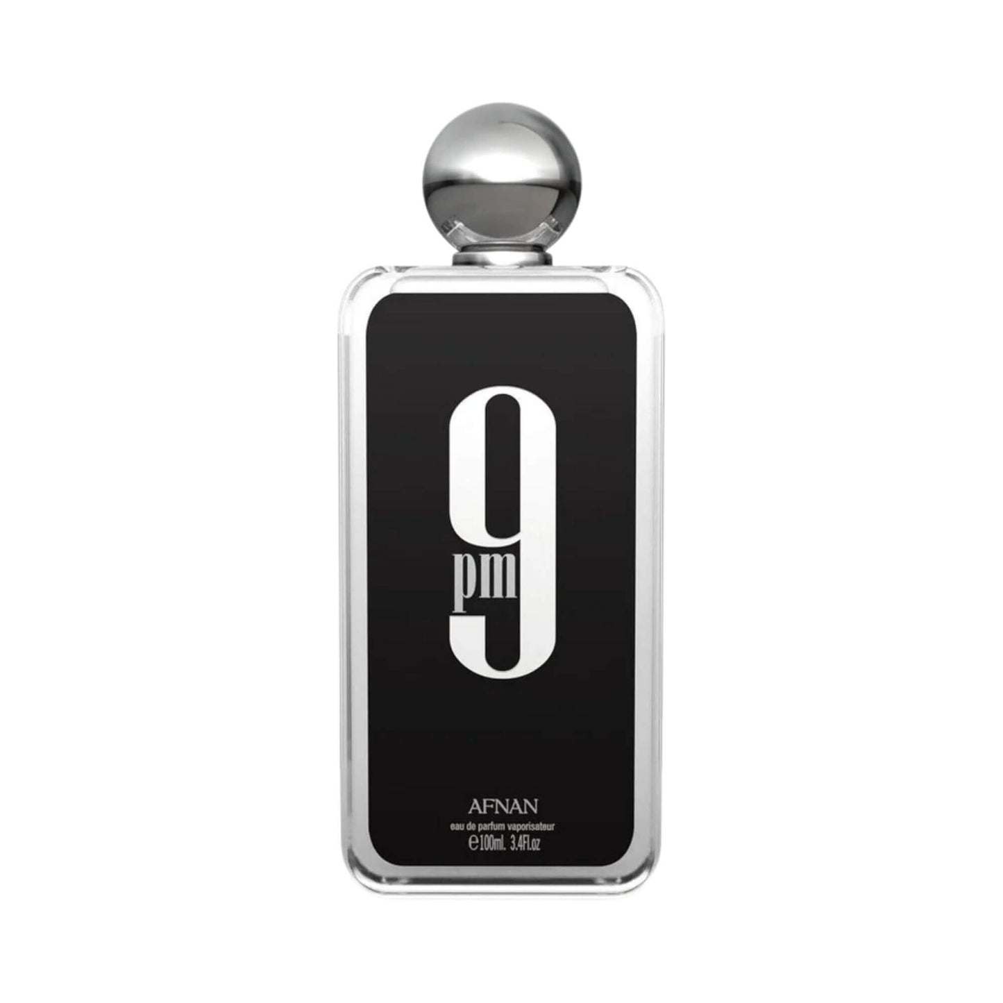 Perfume bottle labeled '9PM' by Afnan on a white background