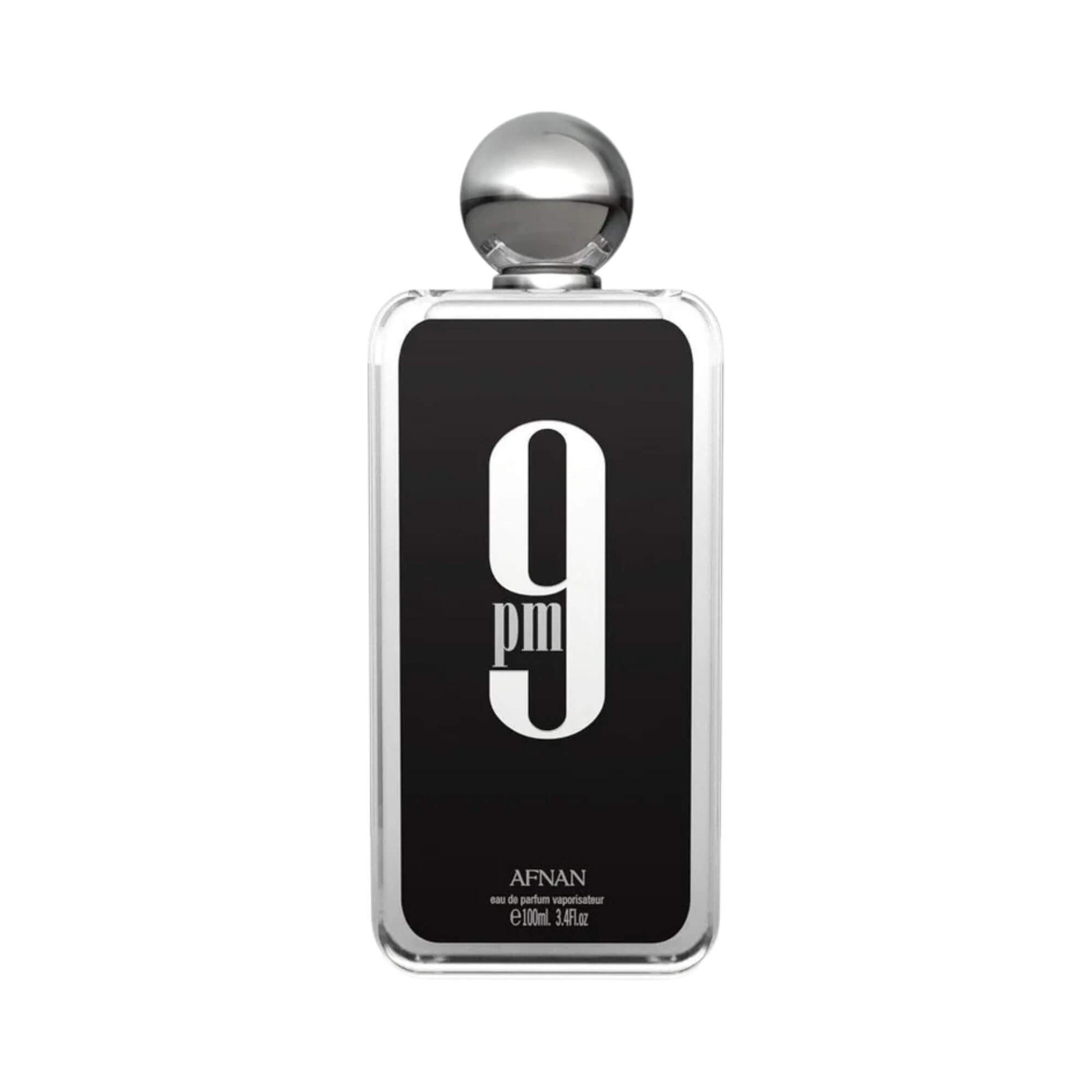 Perfume bottle labeled '9PM' by Afnan on a white background