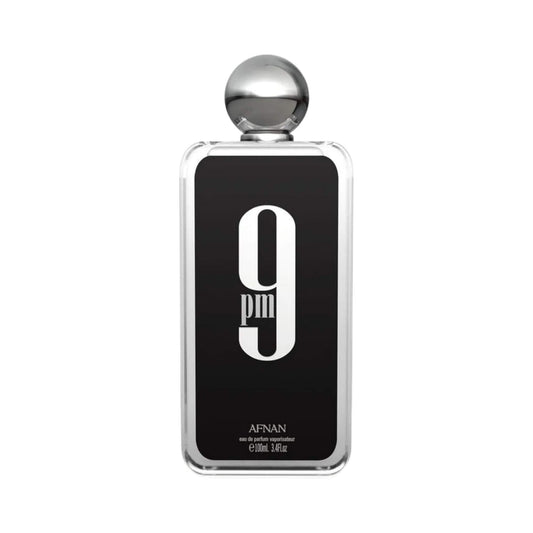 Perfume bottle labeled '9PM' by Afnan on a white background