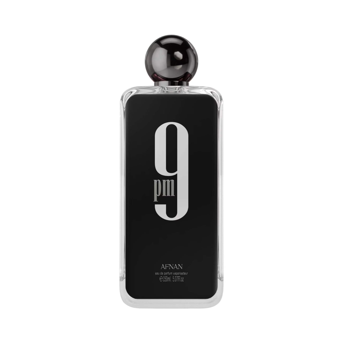 Afnan 9 PM Eau de Parfum bottle, featuring a black rectangular body with a large white '9 pm' logo, a clear glass frame, and a spherical black cap, set against a plain white background.