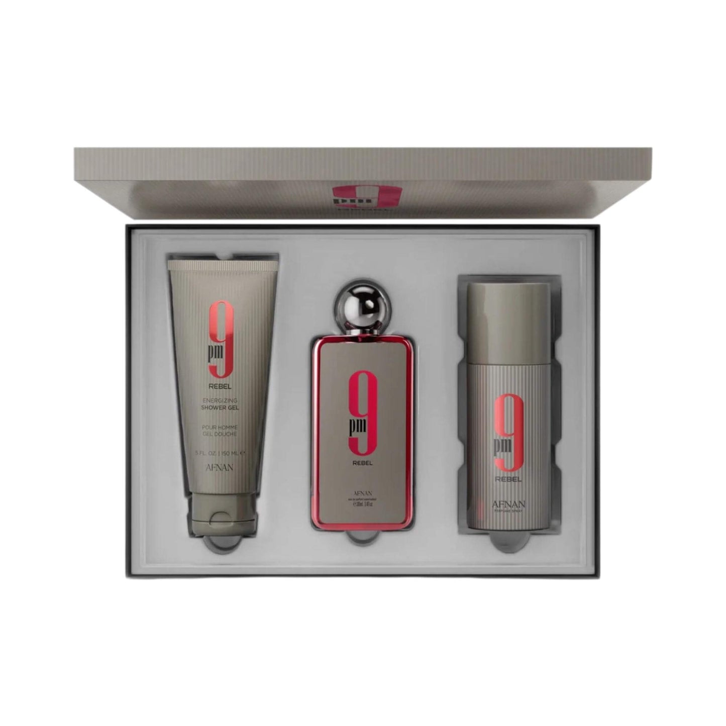 Bottles of shower gel, eau de parfum, and deodorant spray with Afnan 9PM Rebel branding inside a gift set box on a white background.