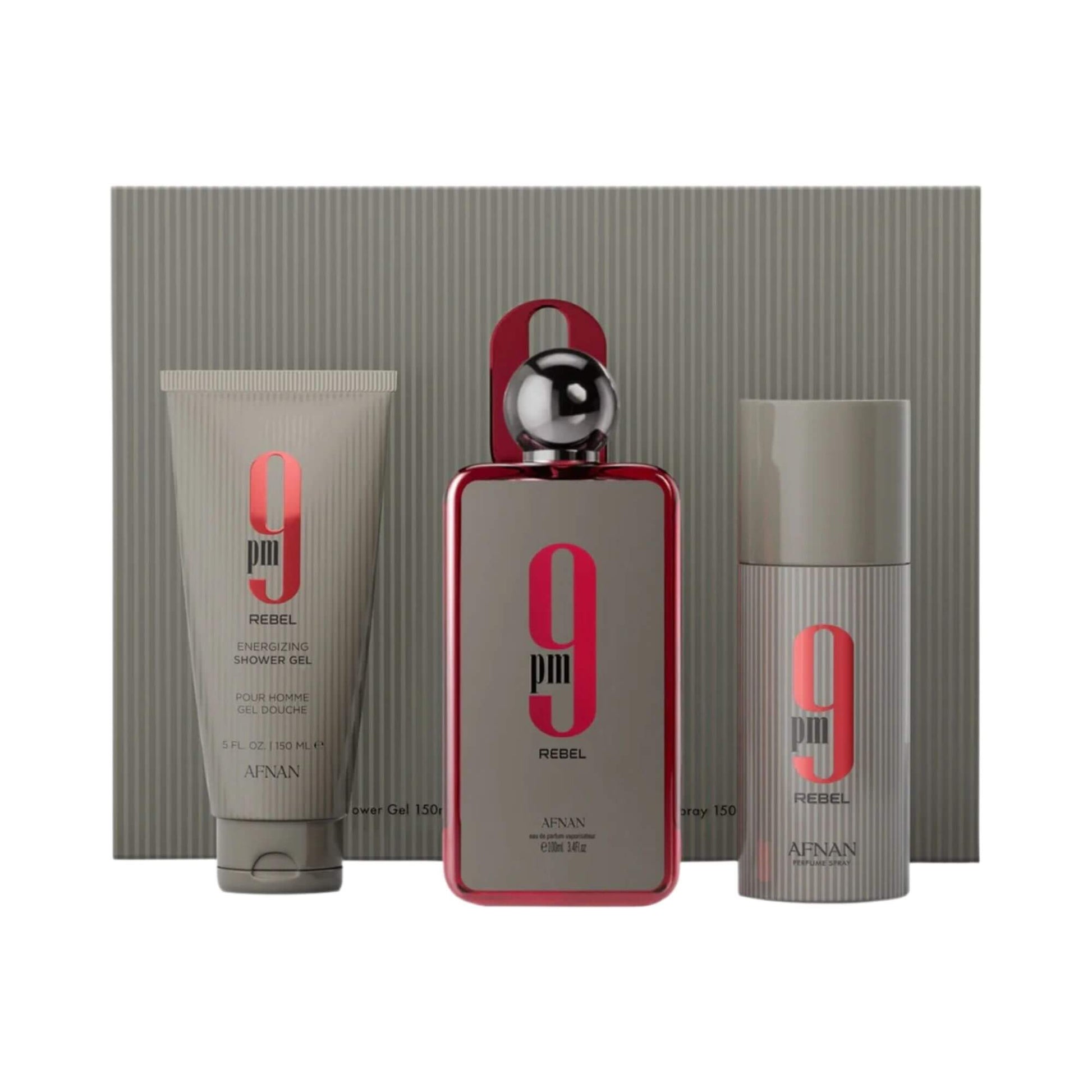 Bottles of shower gel, eau de parfum, and deodorant spray with Afnan 9PM Rebel branding in front of the grey gift box cover on a white background.