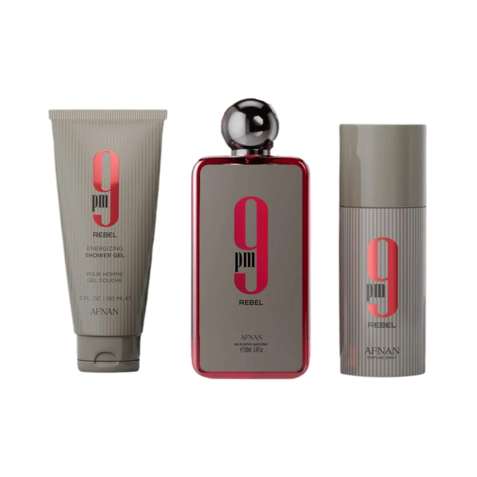 Bottles of shower gel, eau de parfum, and deodorant spray with Afnan 9PM Rebel branding on a white background.