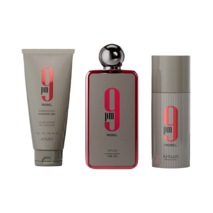 Bottles of shower gel, eau de parfum, and deodorant spray with Afnan 9PM Rebel branding on a white background.