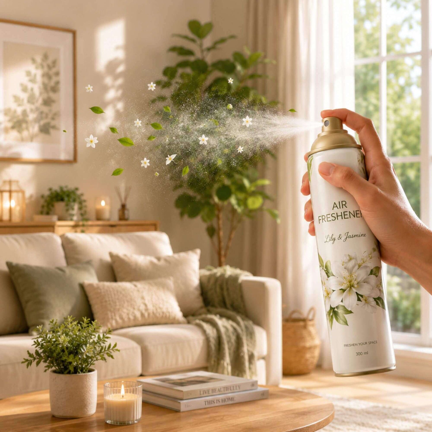 Person using an air freshener spray in a living room with plants and a window.