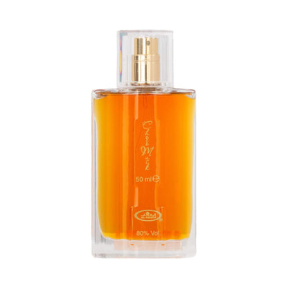Bottle of Al Rehab Choco Musk Eau de Parfum 50mL on a white background. Amani Manor