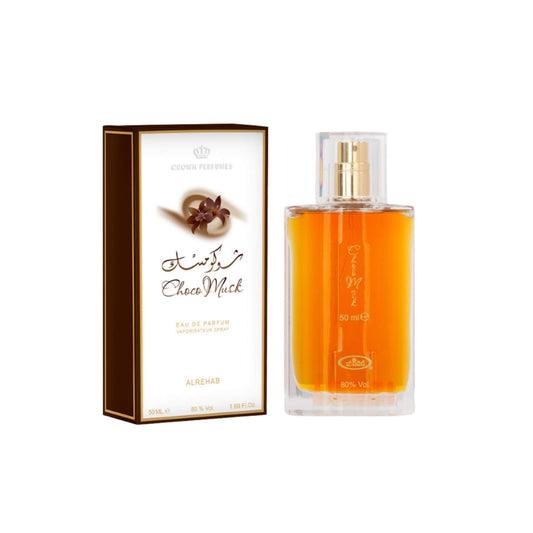 Al Rehab Choco Musk eau de parfum bottle with packaging on a white background. Amani Manor