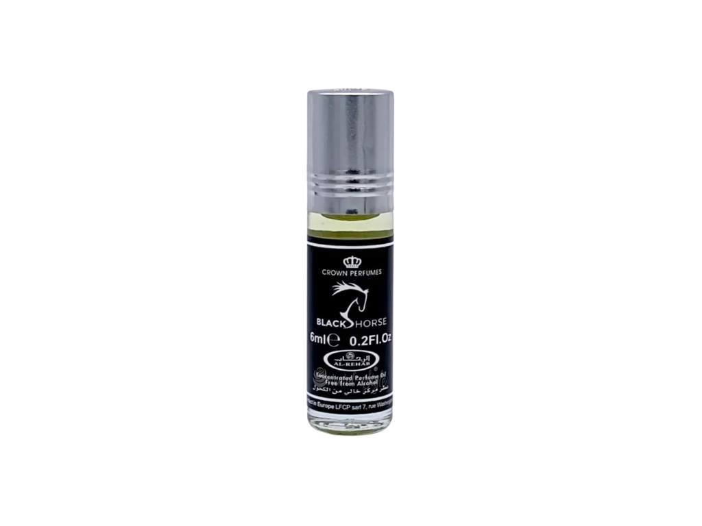 Attar oil perfume bottle labeled 'Black Horse' on a white background