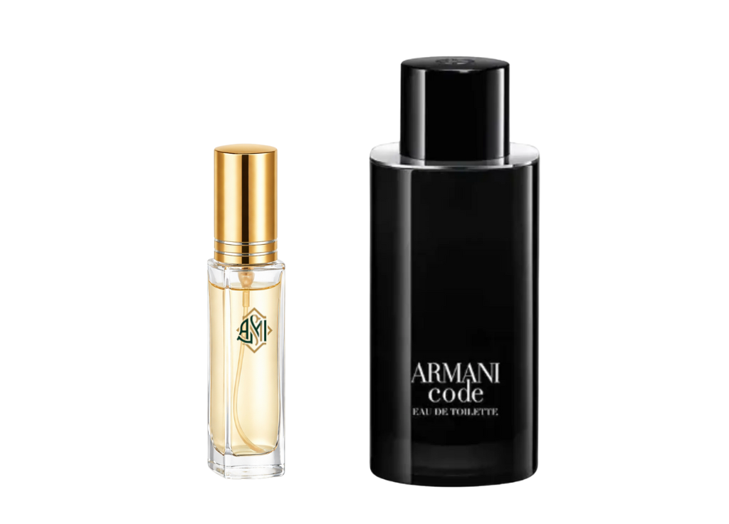 Two perfume bottles, one gold and one black with 'Armani' branding, on a white background.