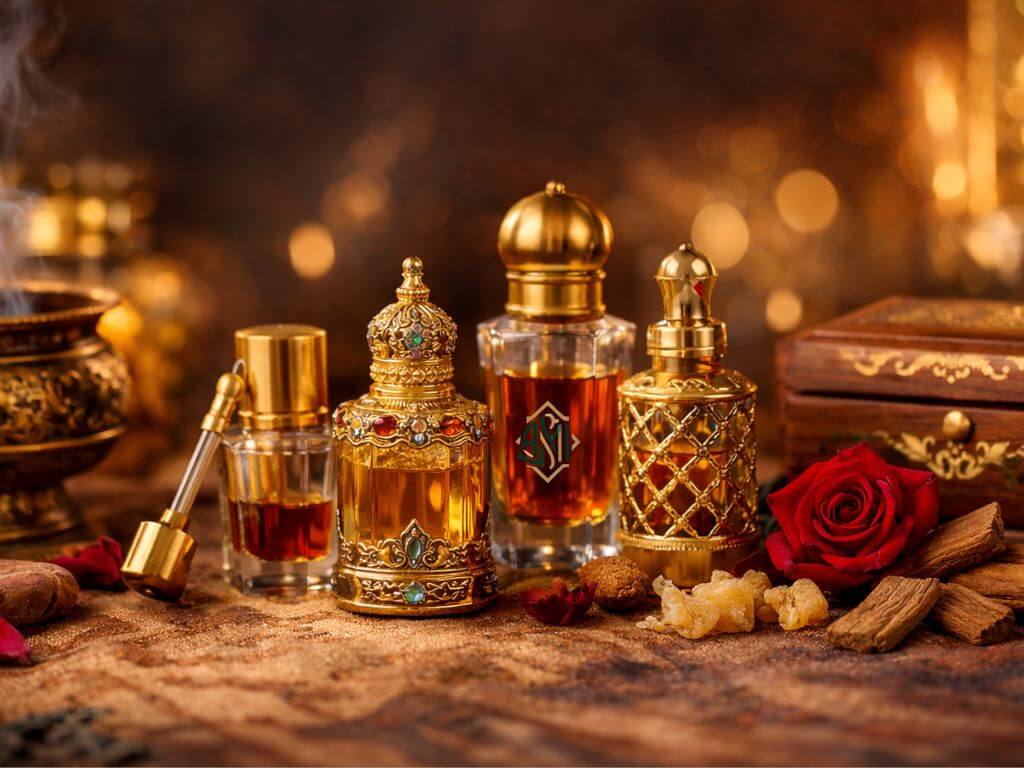 Bottles of fragrance oils surrounded by luxurious items and a gold-brown background.
