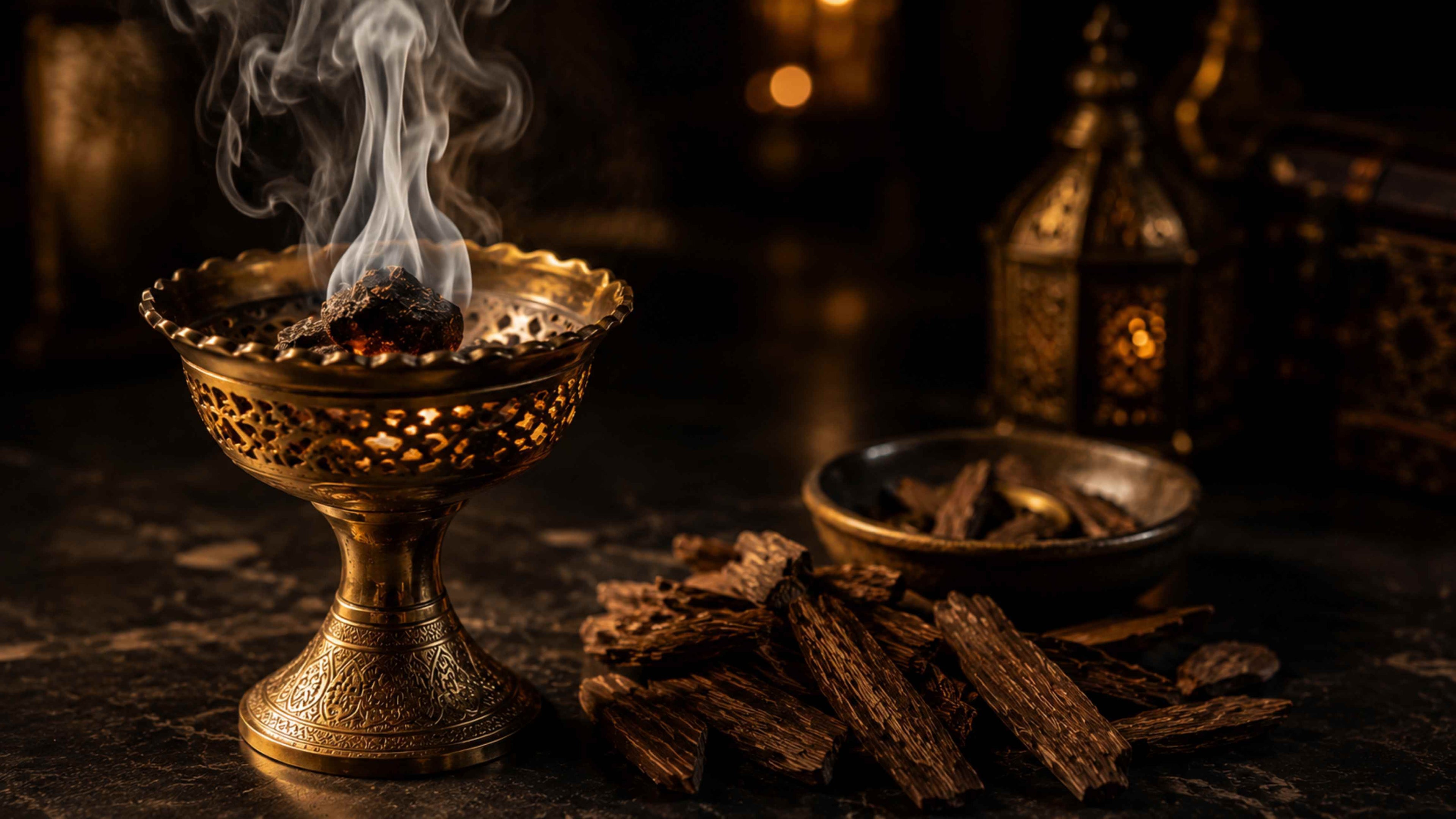 Bakhoor burner with smoke and oud wood chips on a dark background.