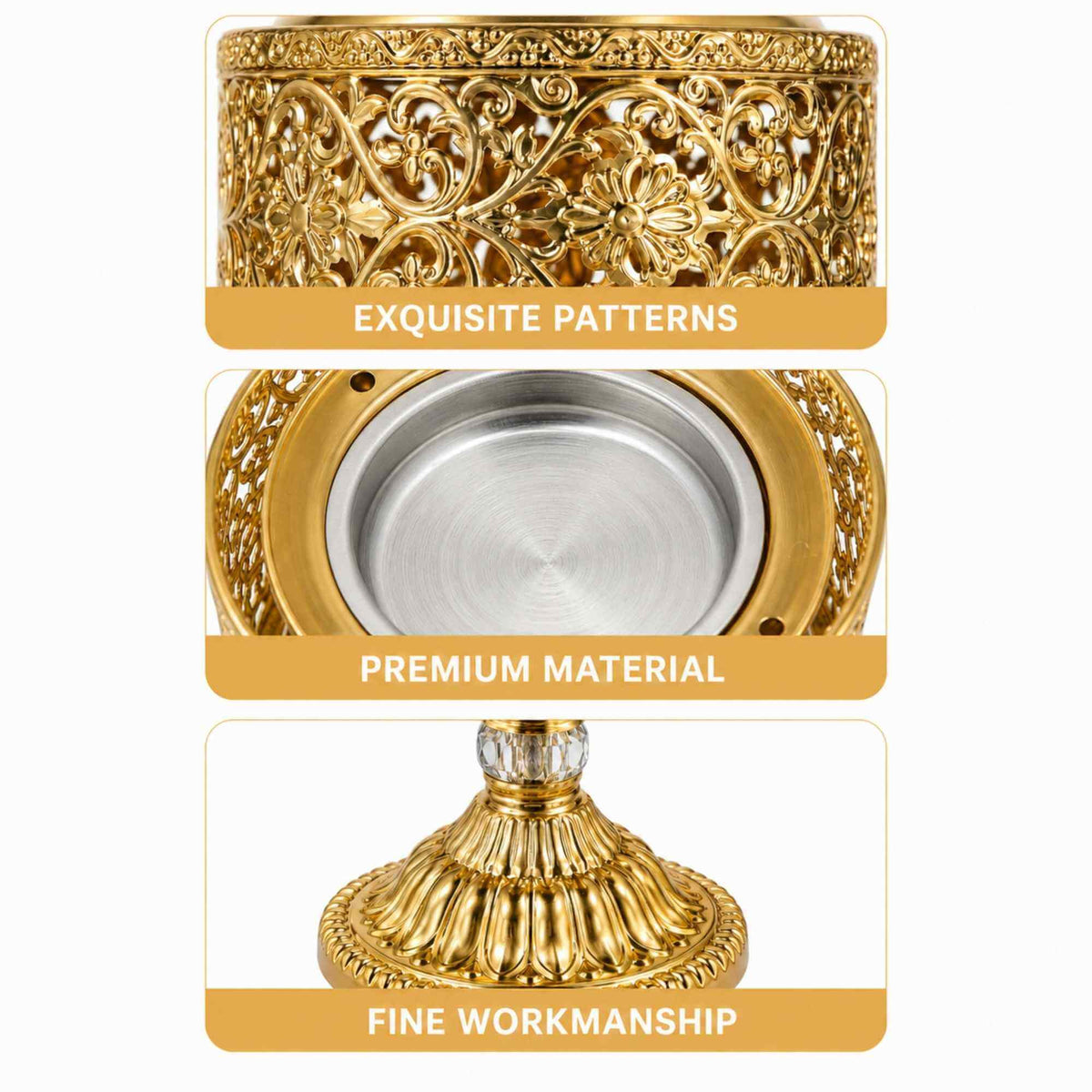 Three panels about bakhoor burner, the top being about its exquisite pattern, next being about the premium material used, and the last being about the fine workmanship, all on a white background.