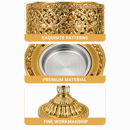 Three panels about bakhoor burner, the top being about its exquisite pattern, next being about the premium material used, and the last being about the fine workmanship, all on a white background.
