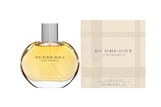 Yellow perfume bottle and packaging with 'Burberry for Women' branding on a white background