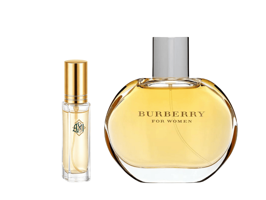 Two perfume bottles, one smaller with Amani Manor logo and one larger with Burberry branding on a white background.