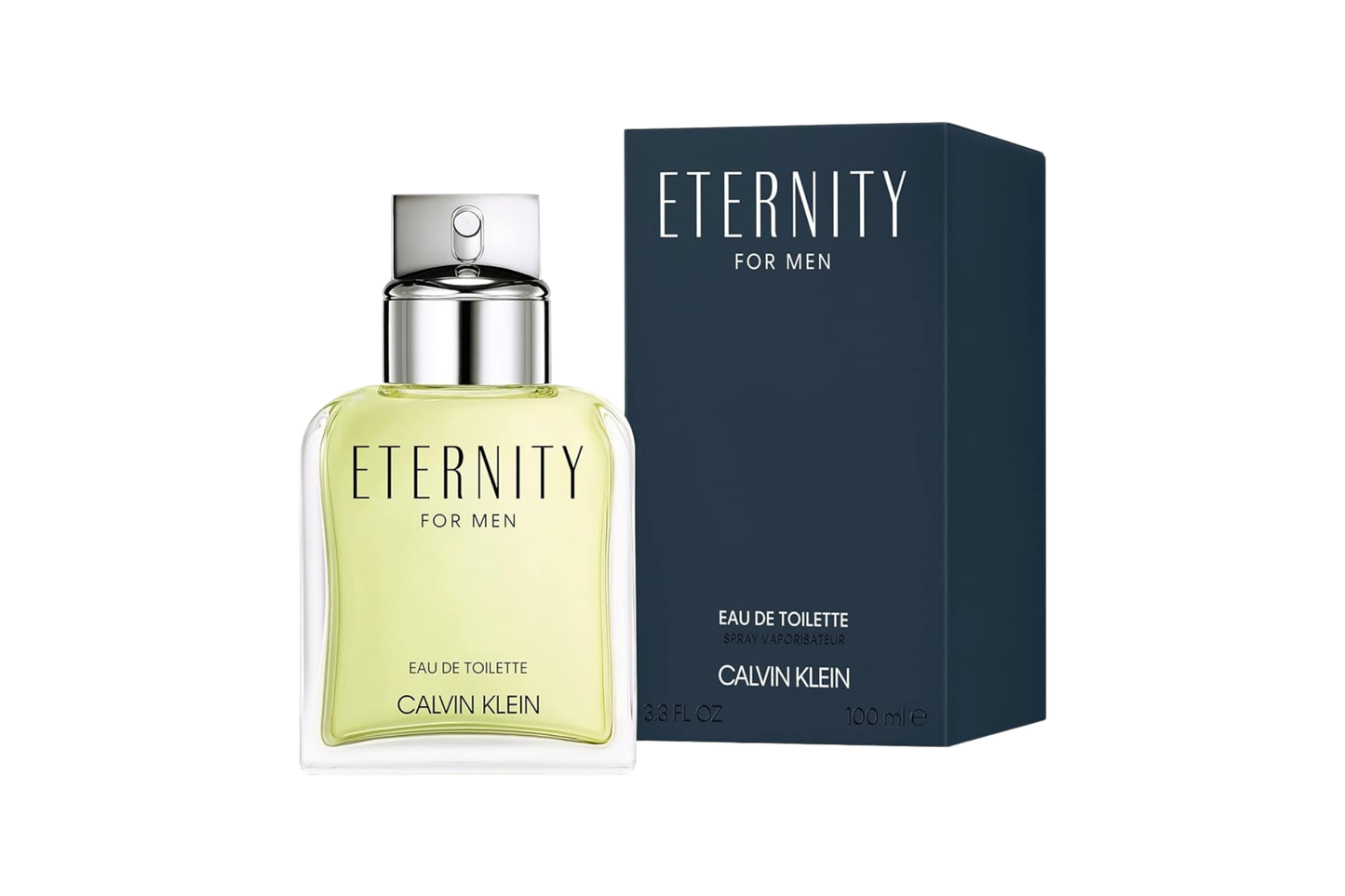 Calvin Klein Eternity for men Eau de Toilette bottle and packaging on a white background