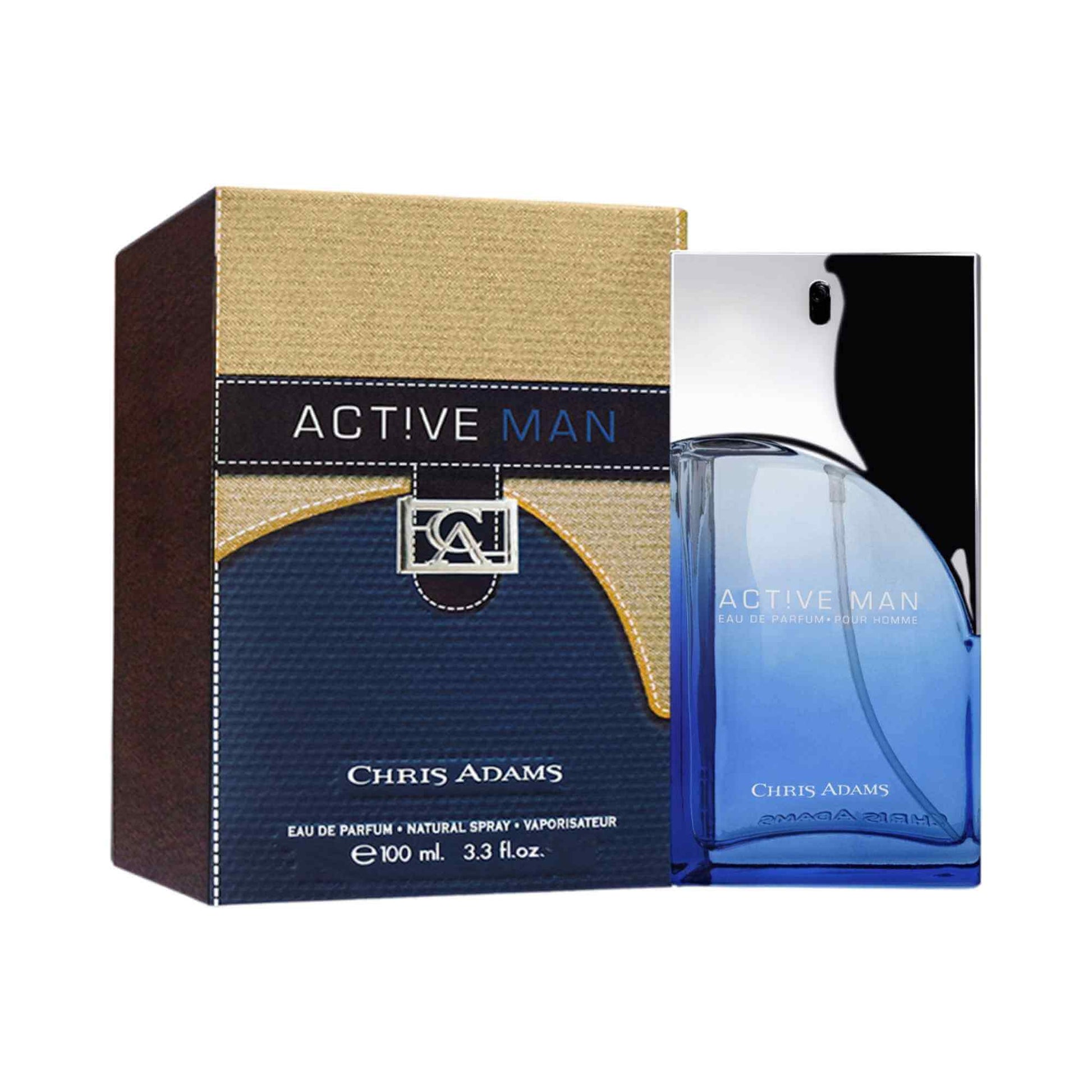 Blue and silver perfume bottle alongside its dark blue and beige packaging on a white background.