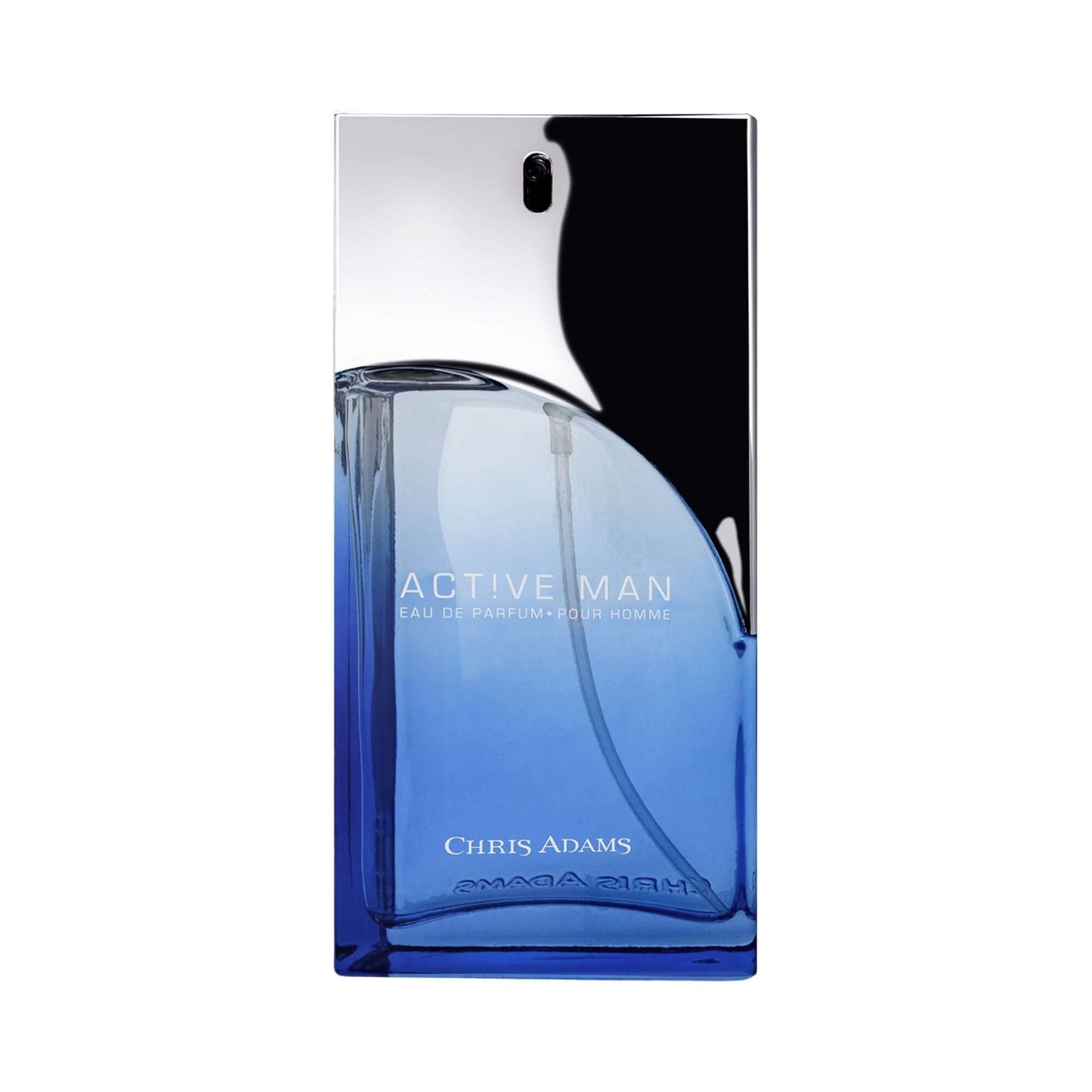 Blue and silver perfume bottle with 'Active Man' branding across the bottle on a white background.