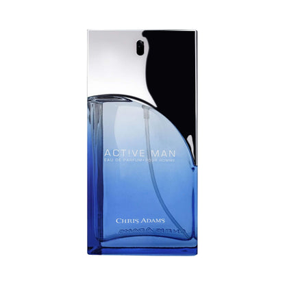 Blue and silver perfume bottle with 'Active Man' branding across the bottle on a white background.