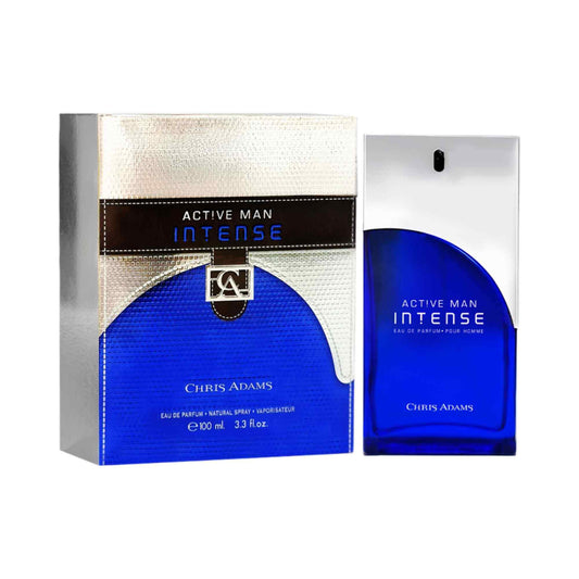 Chris Adams Active Man Intense Eau de Parfum shown with its retail box and matching bottle on a plain white background.