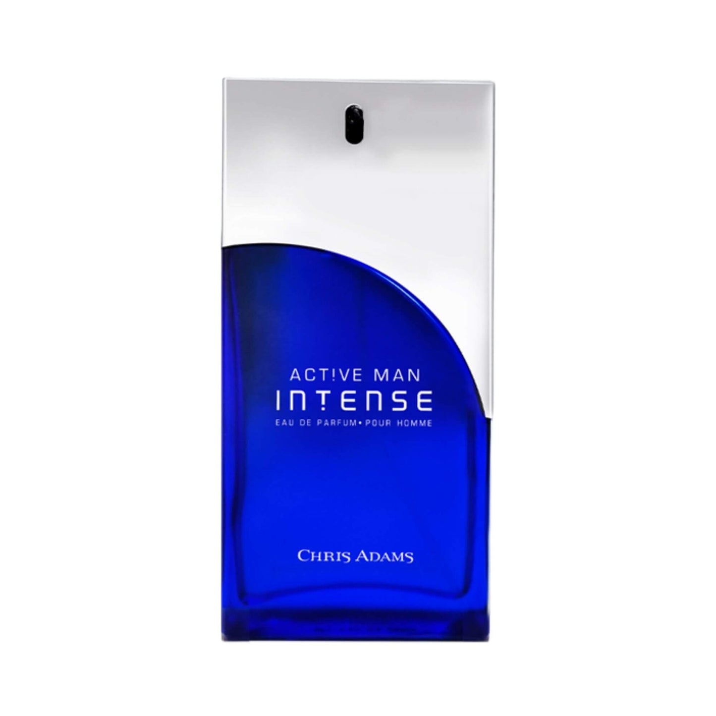 Chris Adams Active Man Intense Eau de Parfum bottle, featuring a deep blue lower section and a metallic silver upper section, on a plain white background.