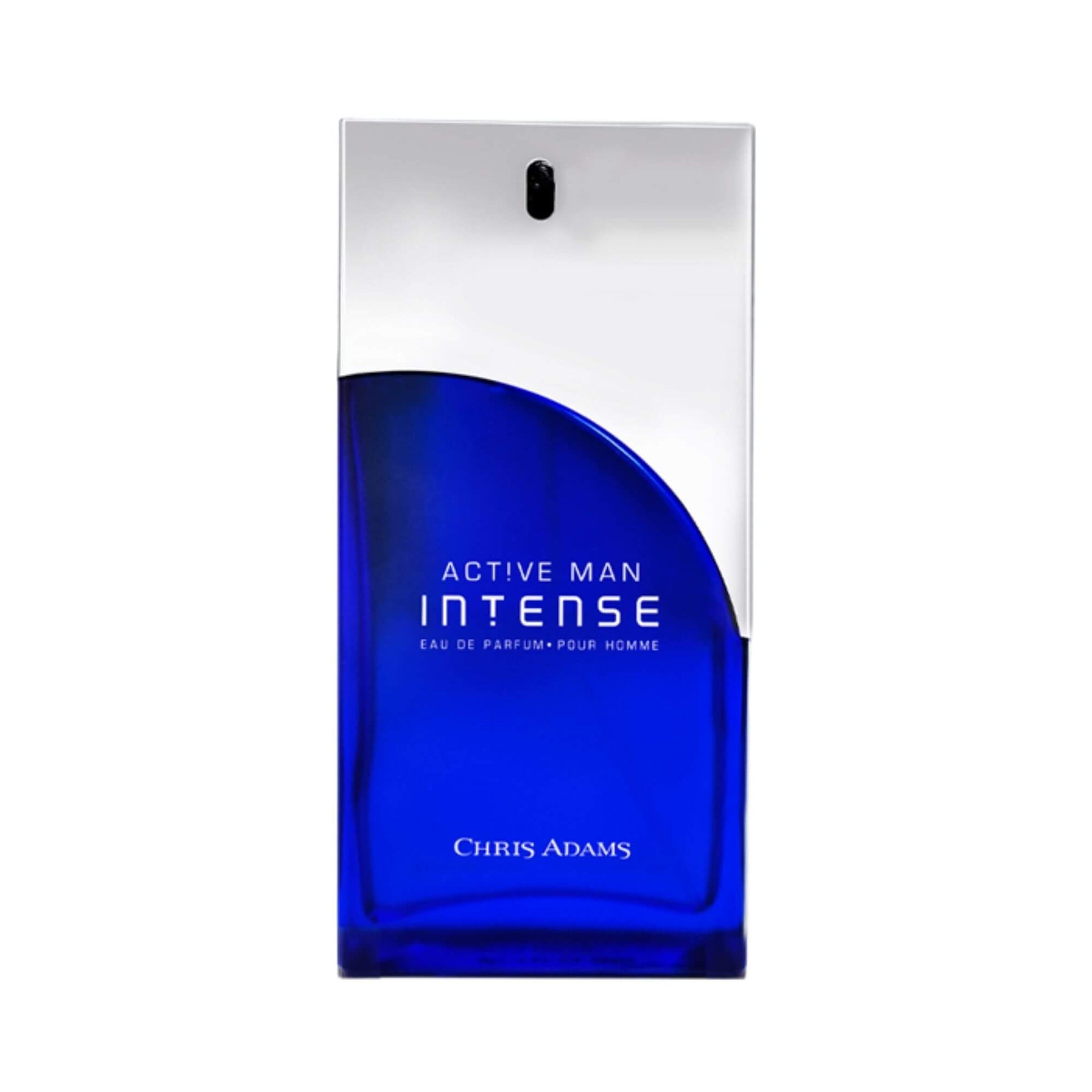 Chris Adams Active Man Intense Eau de Parfum bottle, featuring a deep blue lower section and a metallic silver upper section, on a plain white background.
