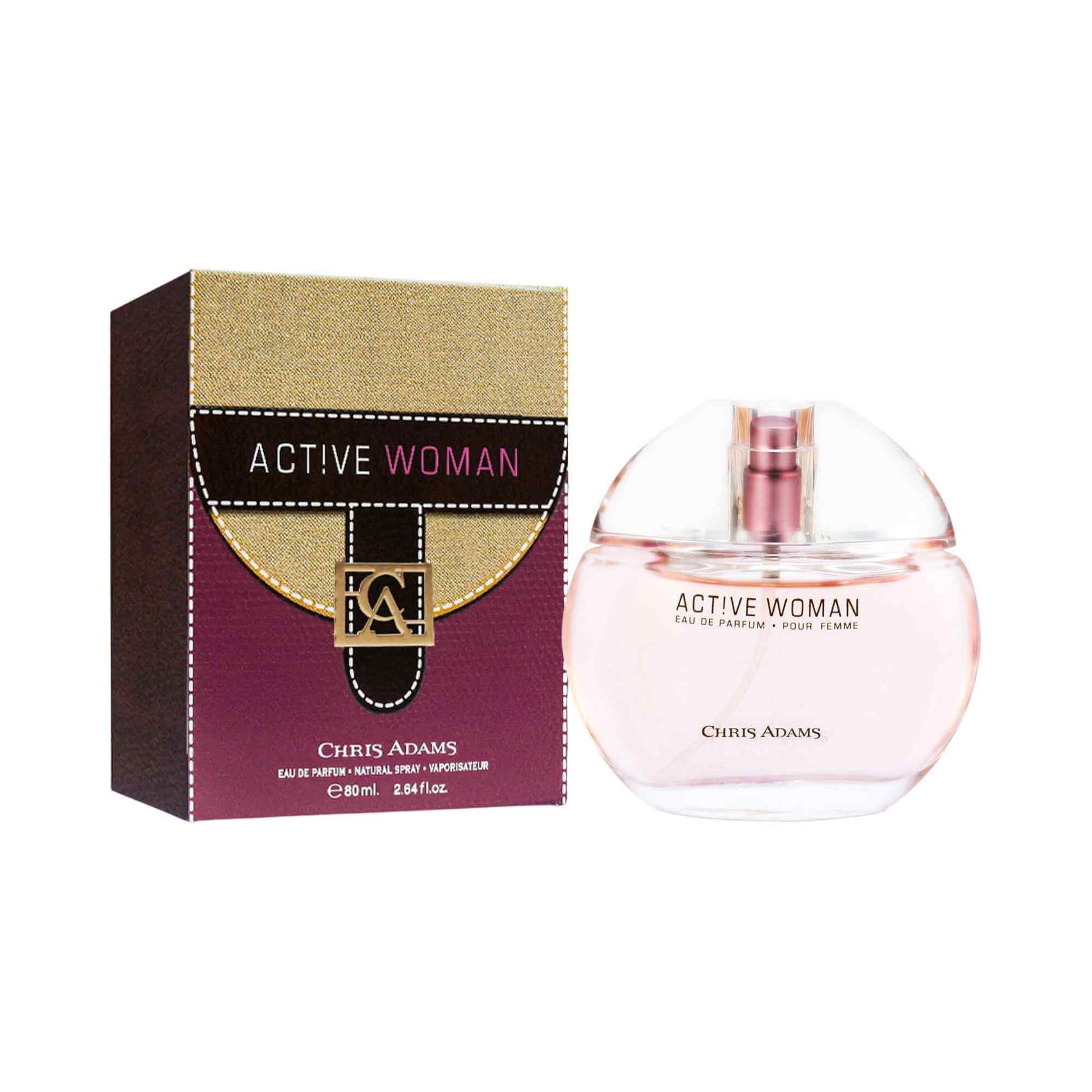 Chris Adams Active Woman pink and transparent perfume bottle with red and beige perfume box on a white background.