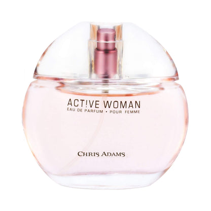 Chris Adams Active Woman pink and transparent perfume bottle on a white background.