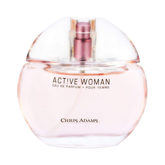 Chris Adams Active Woman pink and transparent perfume bottle on a white background.