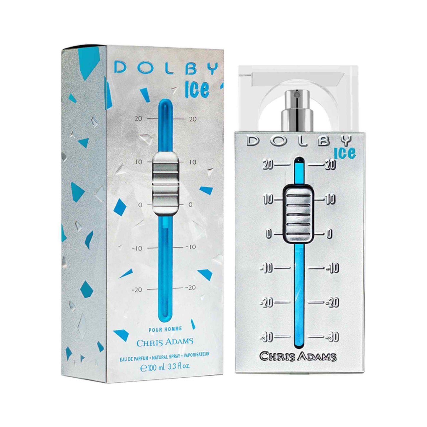Chris Adams Dolby Ice fragrance bottle and packaging box, featuring a silver and blue design with a thermometer design.