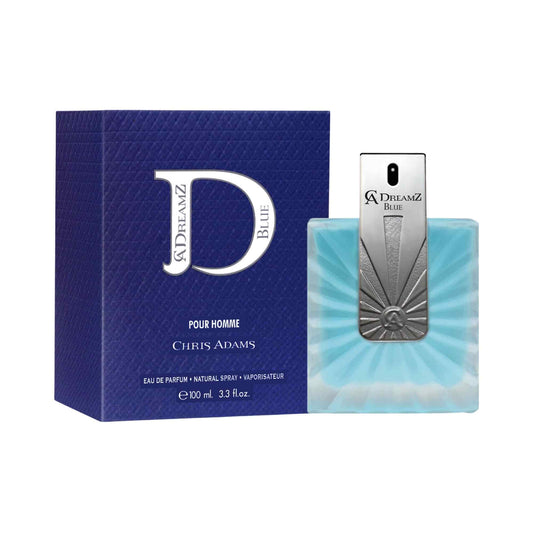 Chris Adams Dreamz Blue Pour Homme fragrance shown with its blue textured box and the rectangular spray bottle, featuring a silver cap and light blue translucent glass.