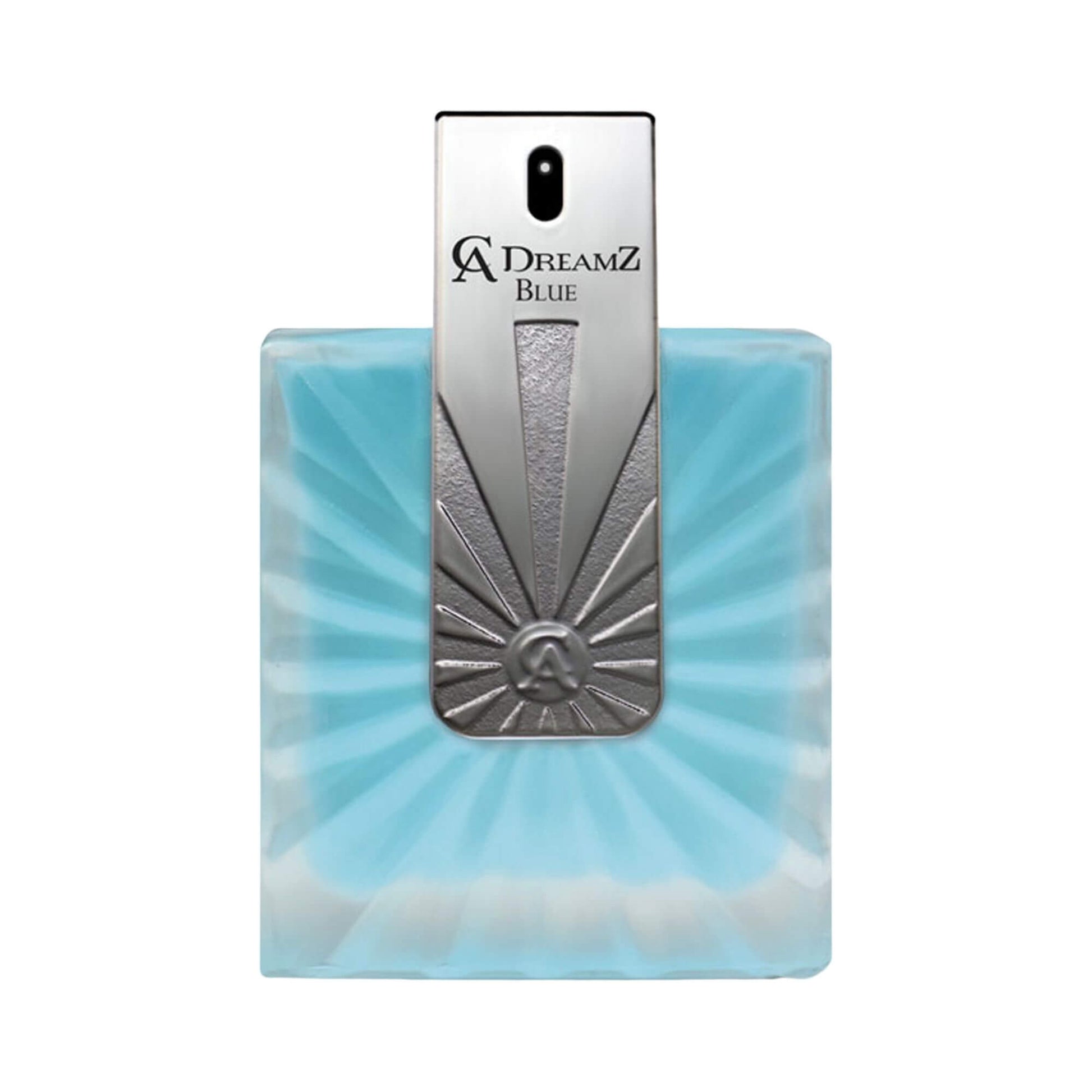 A Dreamz Blue perfume bottle with a light blue sunburst pattern and a metallic silver central column featuring the brand name.